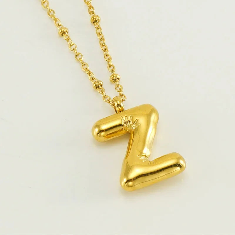 Vintage Stainless Steel Balloon Bubble Chunky Letter Necklace for Women 18K Gold