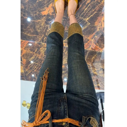 Vintage Printed Jeans For Women Spring And Fall Plus-size Slimming