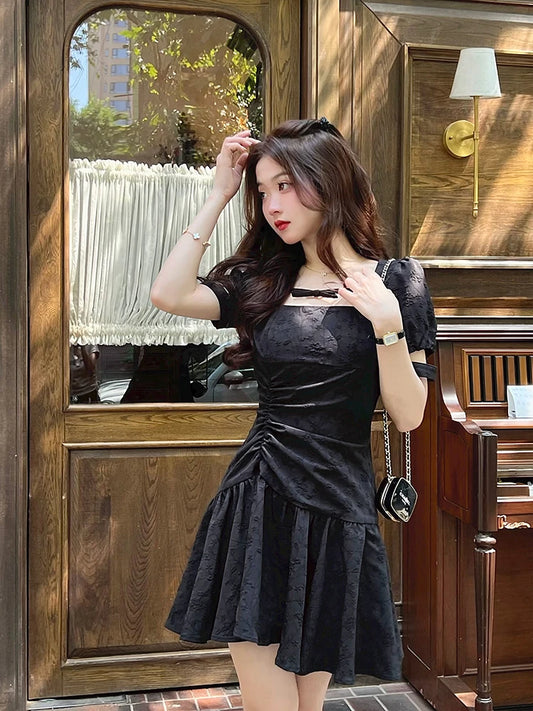 Formal attire Dresses: Square Collar Puff Sleeve Maxi Birthday Dress for Women