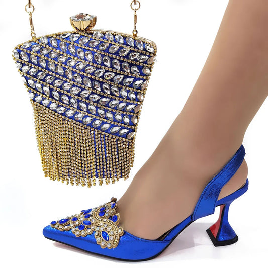 Matching Shoes and Bags: Gold Woman Shoes And Bag Set Ladies Stones Pumps