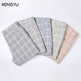 Plaid Work Stretch Pants Men Business Fashion Straight Grey Blue Casual Pant Male