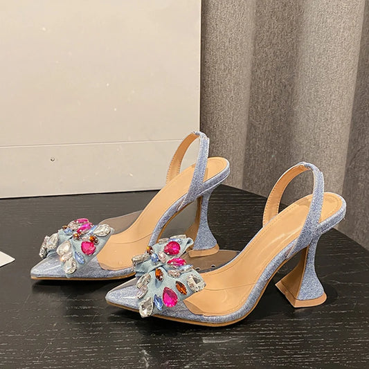 Fashion Design Gem Bowknot Women Pumps Pointed Toe Blue Denim