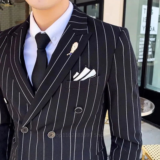 Tuxedo for Mens: Vertical Stripe Men's Suit Homme Slim Fit Business