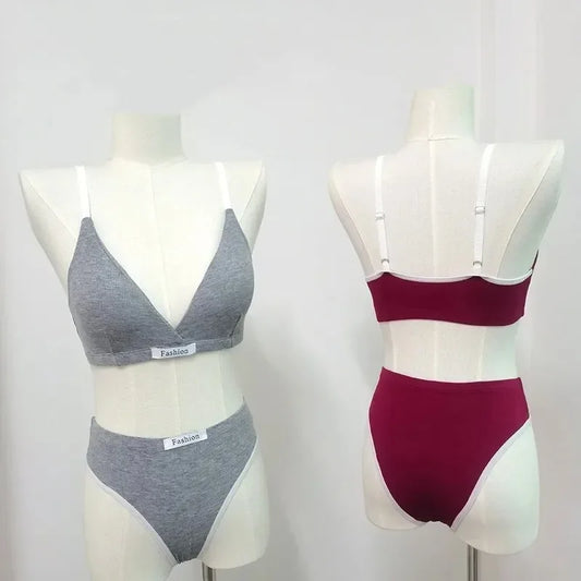 Women Cotton Bra Set Briefs Low Waist Panties Wire Free Bralette Sport Lingerie
