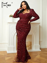 Missord Wine Plus Size Sequin Wedding Party Dress Elegant Women Long Sleeve