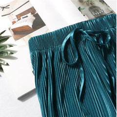 Women Fashion Summer Wide Leg Pants Pleated Ice Silk Trousers Elastic Waist Pants