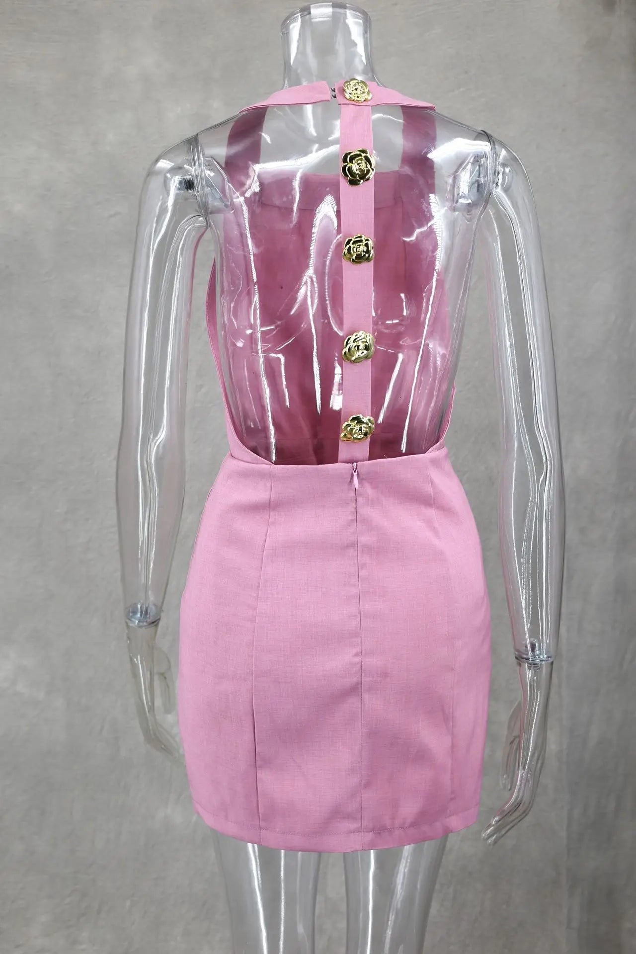 Mini Dress Women Elegant Sleeveless Gold Button Pink Dresses