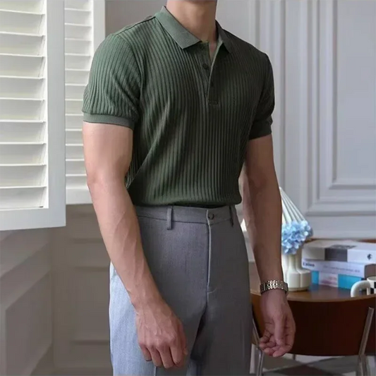 Vertical Stripe Knit Polo Men's Shirts Summer New Slim Solid Color Breathable Turn-Down Collar Business Short Sleeve Polo Tops