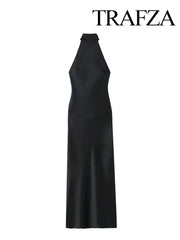Women Fashion Backless Black Halter Tie Satin Long Dress Dresses