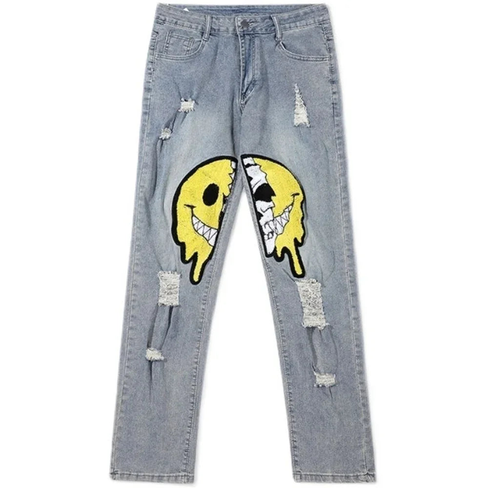 Irregular Ripped Hole Jeans Denim Pant Woman Man Straight Patchwork Baggy