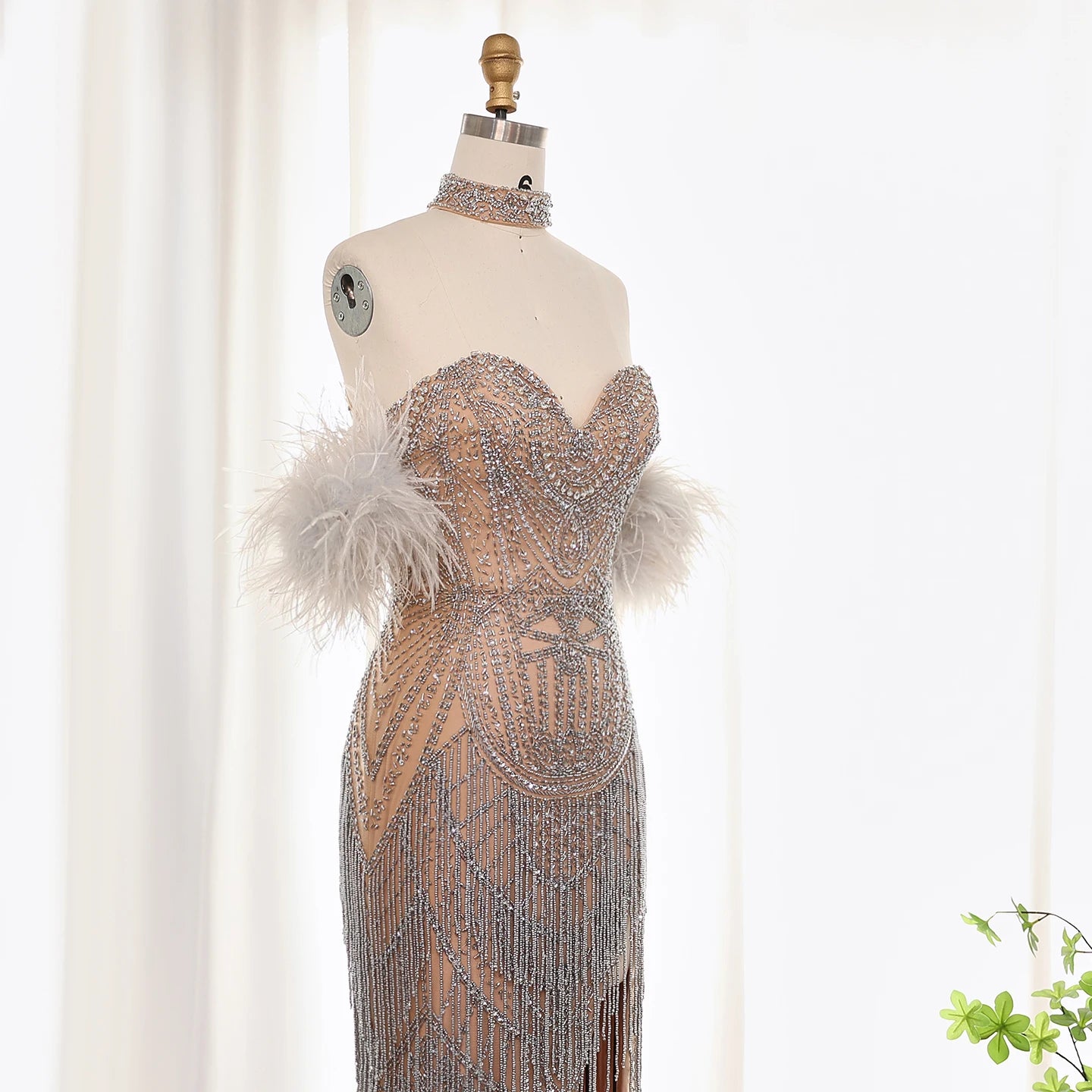 Homecoming Dresses: Tassel Feather Silver Nude Mermaid Evening Dress