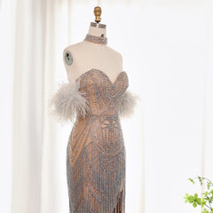 Homecoming Dresses: Tassel Feather Silver Nude Mermaid Evening Dress