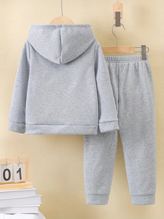 2set Autumn and winter new casual comfort sports style warm boys printed warm lining hoodie and tracksuit pants