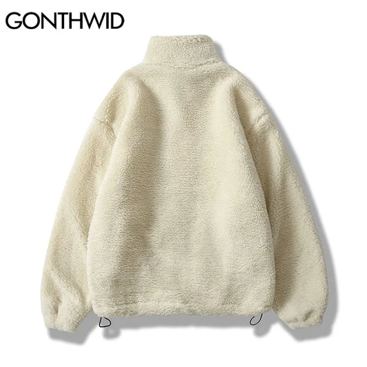Hip Hop Winter Fleece Fluffy Jacket Streetwear Harajuku Fuzzy Zipper Coat Men