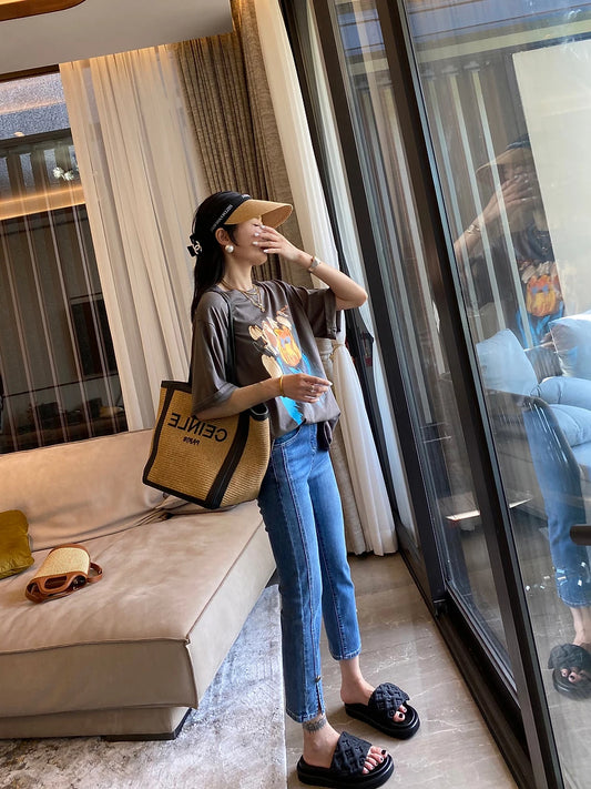 Y2k Large Size High Waist Jeans Women's Summer Thin Fat Mm Thin Straight