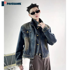 High Street Raw Edge Design Denim Jacket Man Woman Hip Hop Retro Wash Cargo Coats