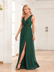 Evening wear Dresses: Evening Gown Double V Neck A Line Bridesmaid Party Dress