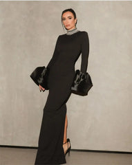 Evening Dresses: Shining Diamonds Neck Flare Sleeve Black Long Bandage Dress