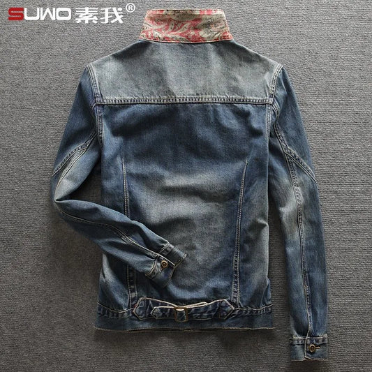 Spring and Autumn Classic Fashion Trend Vintage Printed Denim Jacket