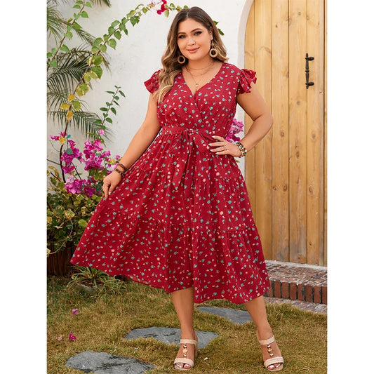 Plus Size Ruffle Cap Sleeves Wrap V Neck Swing Midi Dress Waist Belt A Line