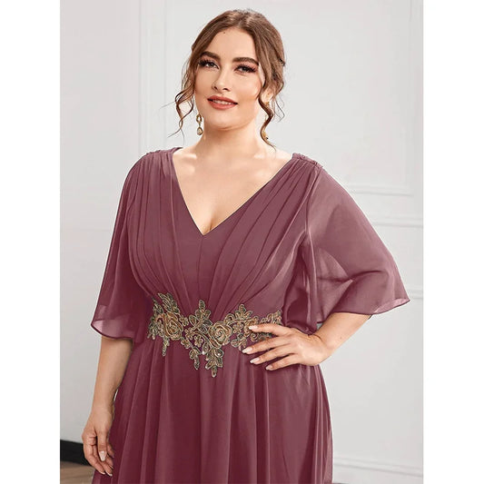 Evening wear Dresses: Plus Size Chiffon Flower Patch V Short Sleeve Dress