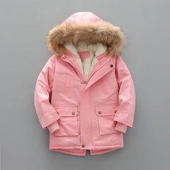 Winter Boys Jacket Windbreaker Keep Warm Thicken Fur Collar Girls Coat Hooded Children