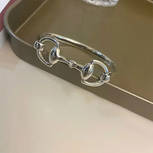 South Korea Dongdaemun Horseshoe Horsebit Buckle Bamboo Simple Buckle Women Bracelet 925 Sterling Silver Thick Heavy Industry