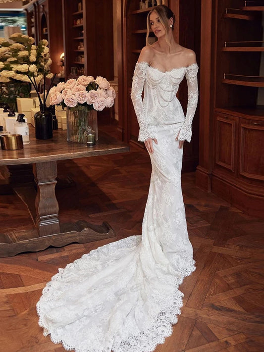 White Bridesmaid Dresses: Bridal Gown Gorgeous Lace Long Sleeve Princess Prom