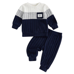 VISgogo 0-3 Years Boys Fall 2Pcs Clothes Sets Long Sleeve O Neck Patchwork Pullover Solid Color Pants