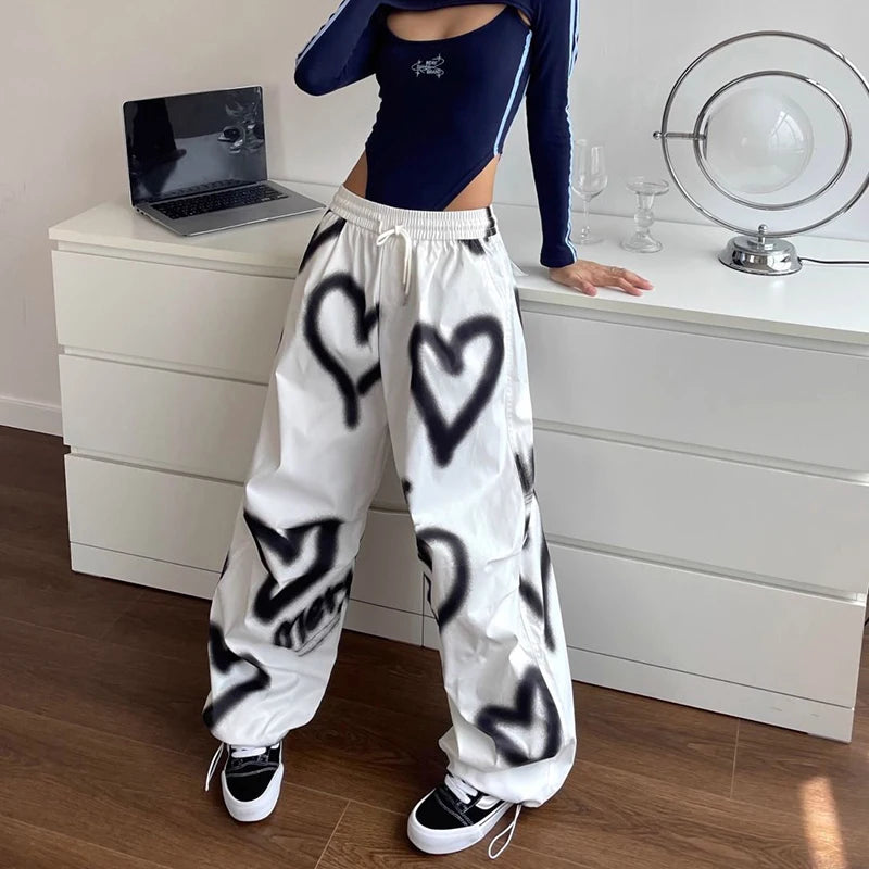 Y2K Love Graffiti Wide Leg Pants Women High Waist Streetwear Loose Drawstring