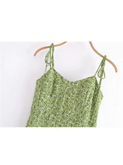Women Vintage Green Floral Print Thin Strap Chiffon Dress