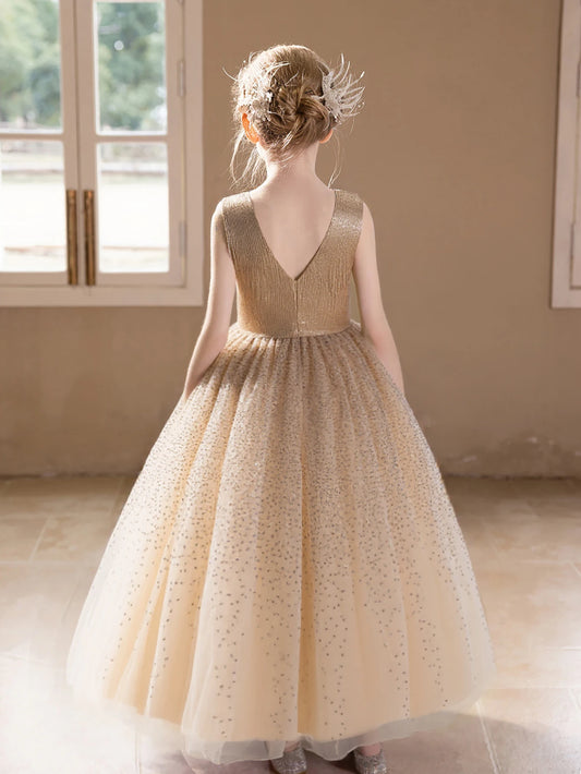 Girl Princess Dress High-end Champagne Sequined Dress for Girls Wedding Birthday Party Puffy Gauze Skirt Bridesmaid Dresses
