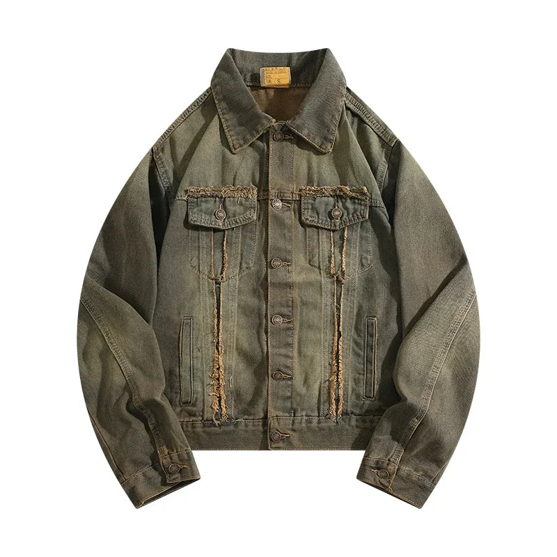 Men and Women Washed Distressed Raw Edged Denim Jacket European American Jacket