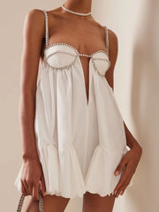 Trendy Women's Diamonds Chain Pleated Sling Dress Spring Fashion