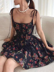 Women Black Flower Print Spliced Mesh Bra Corset style Mini Dress Slim