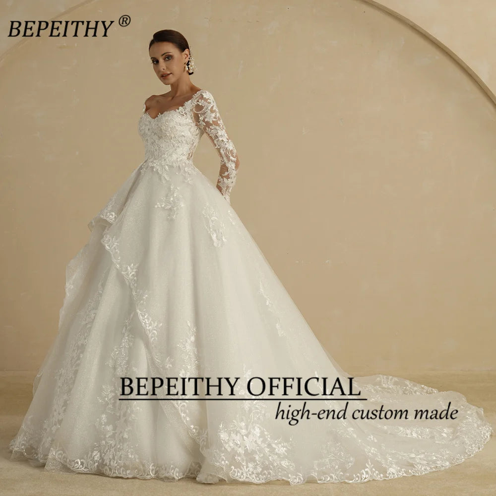 White Bridesmaid Dresses: Glitter Ivory Ball Gown Wedding Dresses Full Sleeves