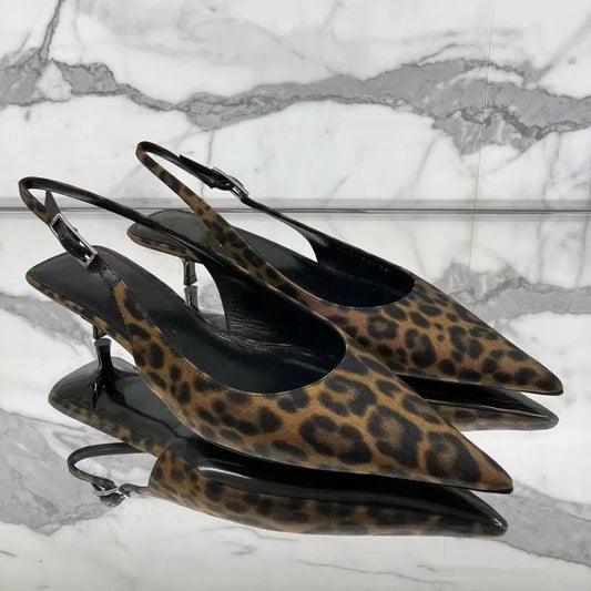 Leopard Women Pointed Toe Sandals 2024 Summer Female Slingbacks