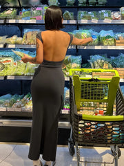 Elegant Short Sleeve Bodycon Maxi Dress O-neck Solid Women's Backless