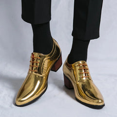 New 2024 Luxury Gold Men High Heel Leather Shoes Moccasins Designer Pointed