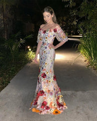 Homecoming Dresses: Lace Embroider Puffy Sleeve Mermaid Prom Dress