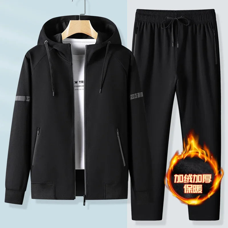 Thicker Fleece Jacket+Pants 2 Pieces Men Winter Tracksuit Sets Black Red Gray Sets Hoodies Casual Hooded Warm Sweatshirts+Pants