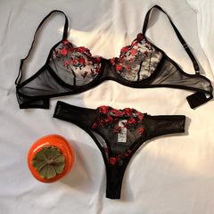 Purple Lingerie Woman Lace Transparent Underwear Fairy Embroidery Brief Sets