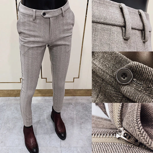 Men Dress Pants Woolen Warm Business Formal Social Suit Pants Casual Slim Striped Fit