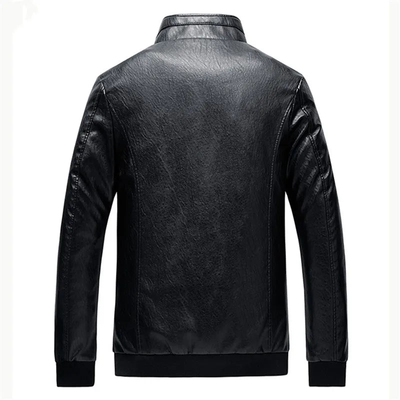 Mens Motorcycle Jacket Solid Color Stand Collar PU Leather Jackets