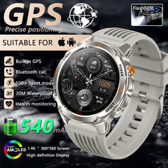 Outdoor Military Smart Watch Men Built-in GPS 1.46" AMOLED Compass Altimeter BT Call 3ATM Waterproof Clock LED Sports Smartwatch