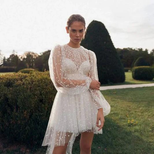 White Bridesmaid Dresses: O Neck Long Puff Sleeve Mini Wedding Dresses