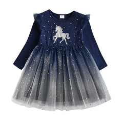 Kids Flare Sleeve Autumn Spring Dress Girls Licorne Cartoon Dress