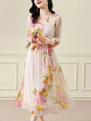 Evening Dresses: Floral Silk V-Neck Bandage Long Dress Women Elegant Casual