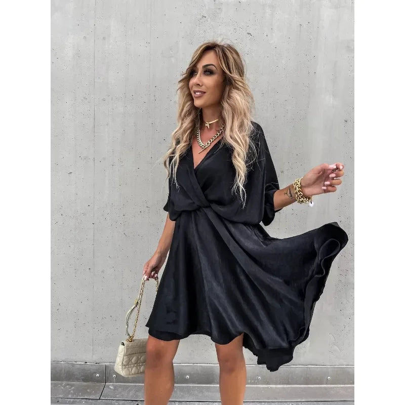 Women's S-XL size Commuter Dress Fashion V-neck Short Sleeved Solid Satin Loose Dress Leisure Vacation Party Women's Dress