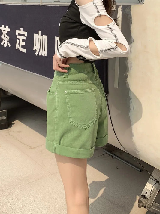 GUUZYUVIZ Green Shorts Feminina Summer Casual Loose Vintage Jeans Shorts Women Streetwear High Waisted Wide Leg Denim Shorts